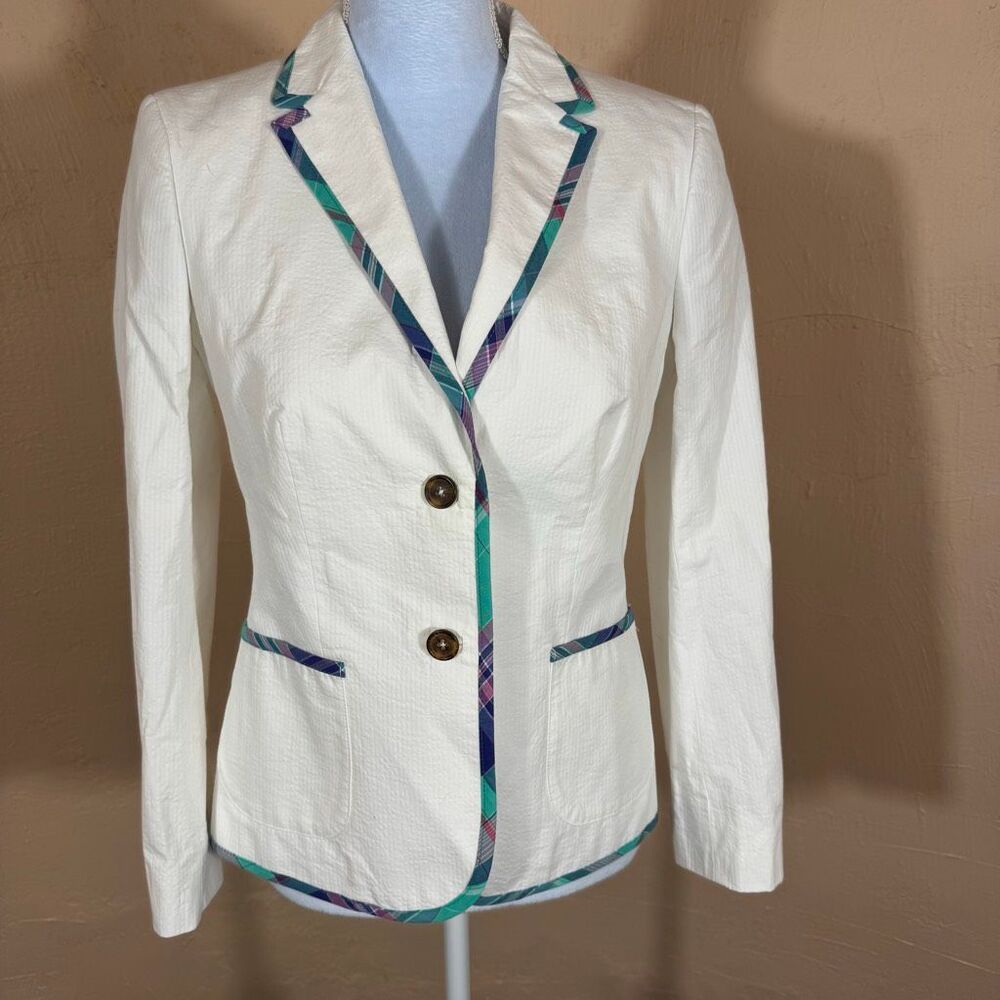 Brooks Brothers 346 “Classic Fit” White Seersucker Blazer – Madras Plaid Trim |